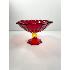 Vintage Westmoreland Cadmium Amberina Glass Candy Dish Compote Footed Petal